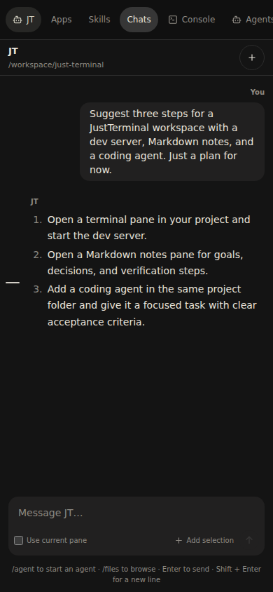 JustTerminal agent conversation in a phone-sized browser viewport.